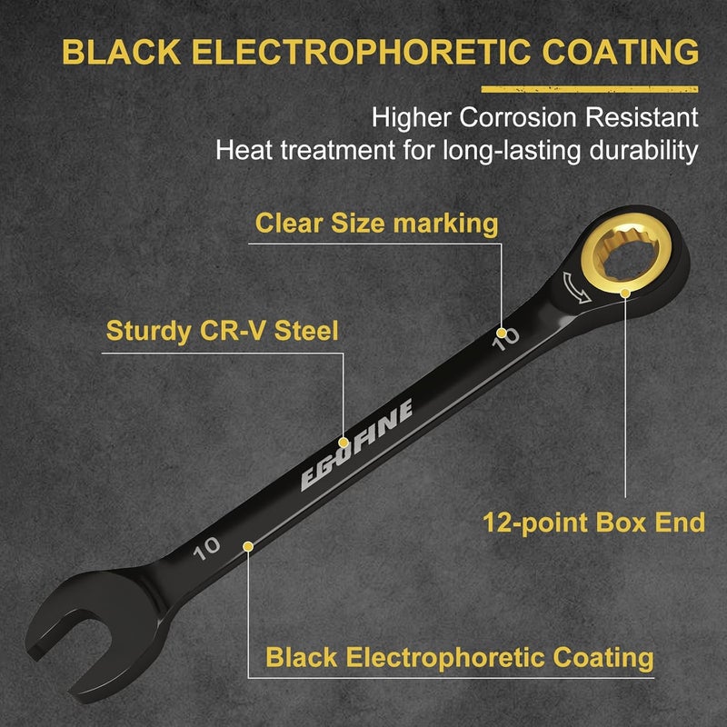 Egofine 10mm Ratchet Wrench, 10mm Wrench Ratcheting Combination Wrenches Metric, Industrial Grade Gear Spanner with 12 Point Box End, 72-Teeth Ratchet Black Electrophoretic Coating,CR-V - Image 2